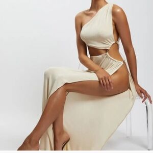 NWT Meshki Paige Gold Cut Out Maxi Dress Stripper Yacht Party Miami Prom Club